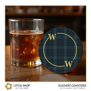 Dessous De Verre Rond Élégant Vitre Noir Or Plaid Monogramme