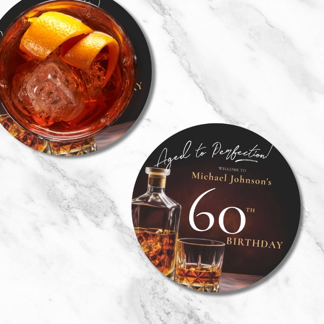 Dessous De Verre Rond Elégant Whiskey Black Gold 60e fête d'anniversaire (Mockup View)