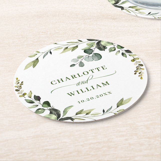 Dessous De Verre Rond Elégante aquarelle Eucalyptus Mariage Round (Incliné)