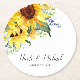 Dessous De Verre Rond Elégante aquarelle tournesols Mariage personnalisé