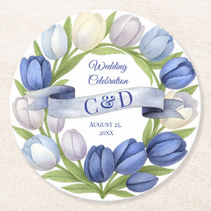 Dessous De Verre Rond Elégante aquarelle Tulipe Mariage de couronne bleu