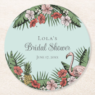 Dessous De Verre Rond Élégante Baby Shower Flamant Tropical & Hibiscus