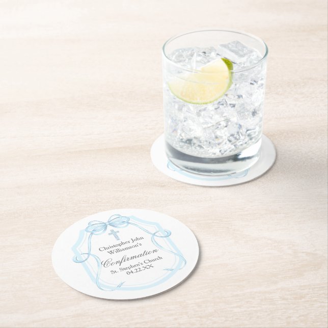 Dessous De Verre Rond Élégante Bleu Ruban Bow Confirmation Party (En situation)