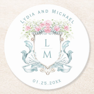 Dessous De Verre Rond Élégante crête Rose avec mâchoire   Mariage de mon