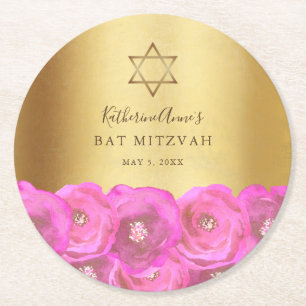 Dessous De Verre Rond Élégante rose rose florale or Bat Mitzvah