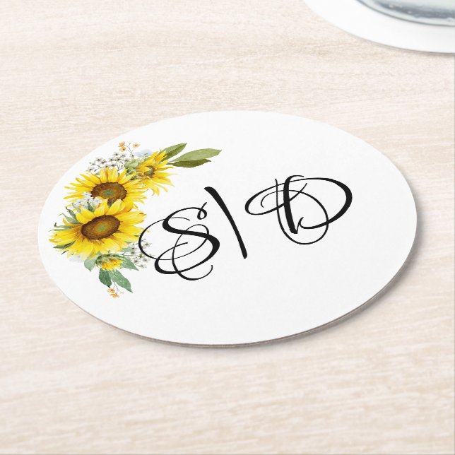 Dessous De Verre Rond Élégante typographie tournesol mariage (Incliné)