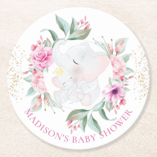 Dessous De Verre Rond Eléphant baby shower de fille personnalisée