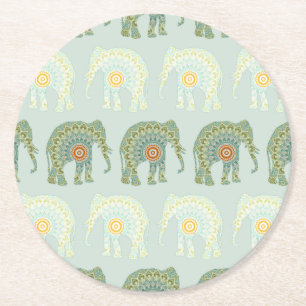 Dessous De Verre Rond Éléphant et Mandala en Vert Clair