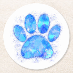 Dessous De Verre Rond Empreinte de patte d'aquarelle bleu