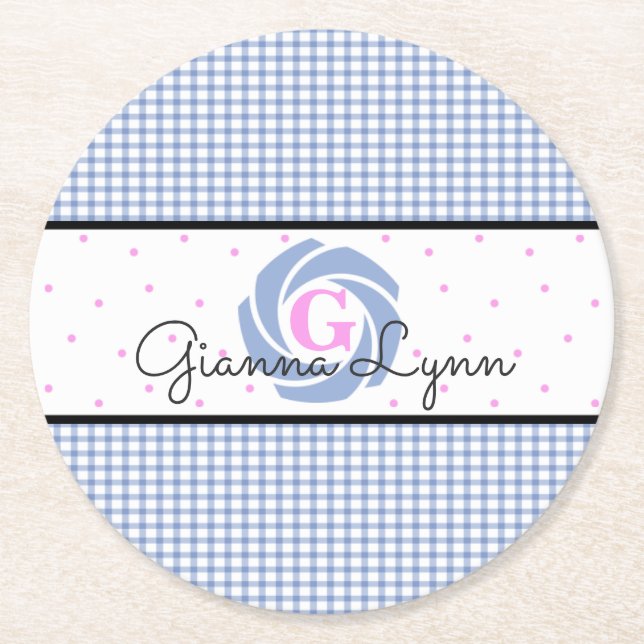 Dessous De Verre Rond En vichy bleu Monogramme (Devant)