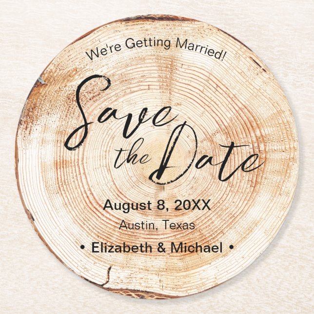 Dessous De Verre Rond Enregistrer la date Script Faux bois Mariage de cé (Devant)