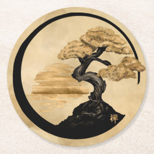 Dessous De Verre Rond Enso Zen Circle Bonsai - Golden Sunrise