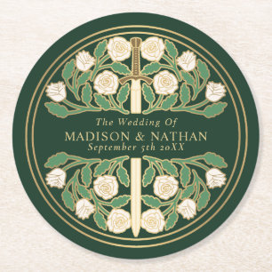 Dessous De Verre Rond Épée florale royale médiévale verte pour mariage e
