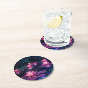 Dessous De Verre Rond Étang de lotus rose Zen minuit