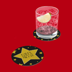 Dessous De Verre Rond Étoile de cinéma Anniversaire Black and Gold Stars
