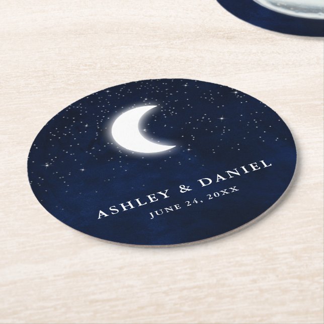 Dessous De Verre Rond Étoiles célestes Mariage bleu ciel lune (Incliné)