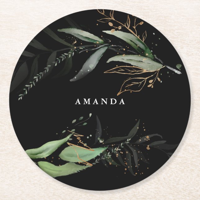 Dessous De Verre Rond Eucalyptus botanique feuillus Branche noire modern (Devant)