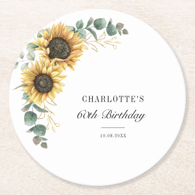 Dessous De Verre Rond Eucalyptus tournesol Script floral 60e anniversair (Devant)