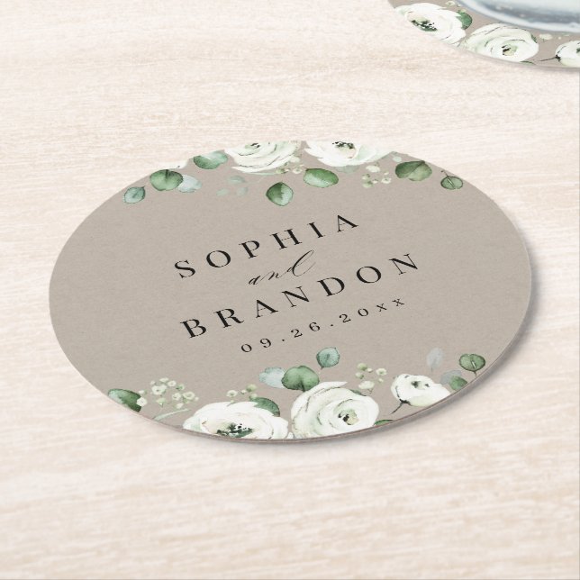 Dessous De Verre Rond Eucalyptus Verdure blanc floral rustique mariage (Incliné)