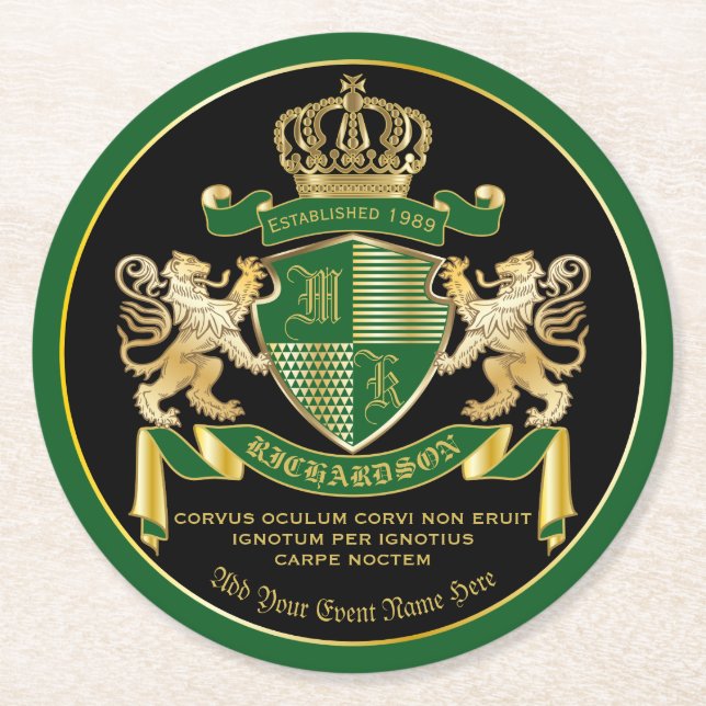 Dessous De Verre Rond Faites votre propre blason Green Gold Lion Emblem (Devant)