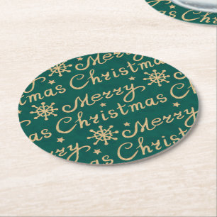 Dessous De Verre Rond Faux Gold & Green Joyeux Noël Lettres