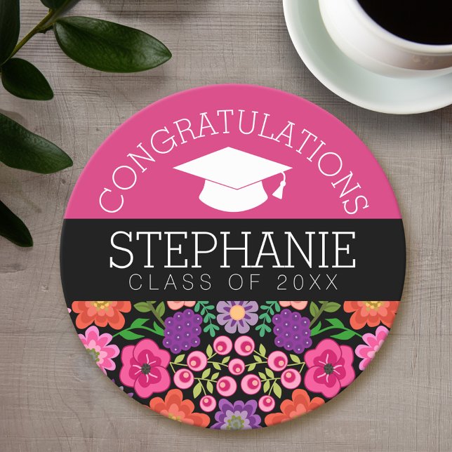Dessous De Verre Rond Félicitations Diplômée Fleurs Filles Diplômée (Personalized coaster - Graduation Party)