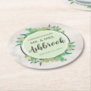 Dessous De Verre Rond Félicitations Rustic Wood & Eucalyptus Botanical