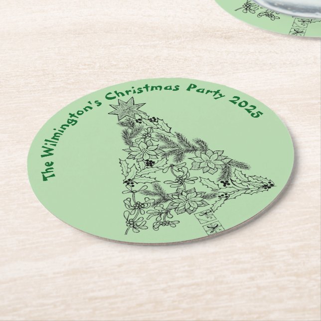 Dessous De Verre Rond Festive Green Tree Christmas Party (Incliné)