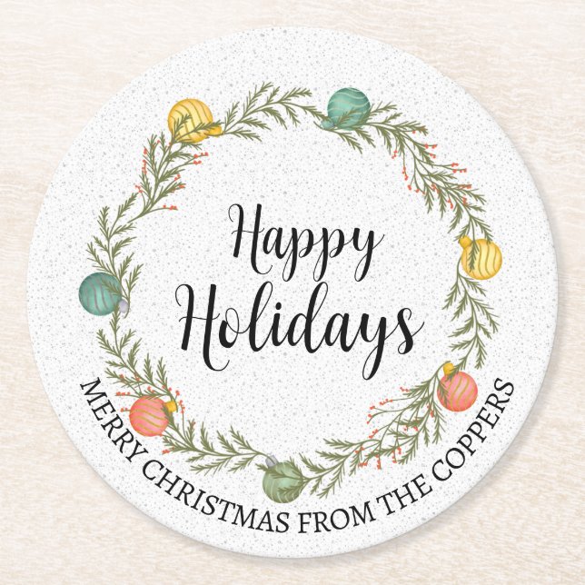 Dessous De Verre Rond Festive Noël Wreath Joyeuses Fêtes (Devant)