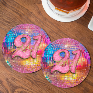 Dessous De Verre Rond Fête d'anniversaire 21 ans Boule disco paillettes 