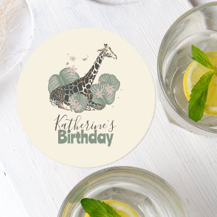 Dessous De Verre Rond Fête d'anniversaire botanique avec une girafe mign