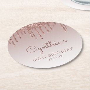 Dessous De Verre Rond Fête d'anniversaire de 60 ans Rose Gold Glitter Dr