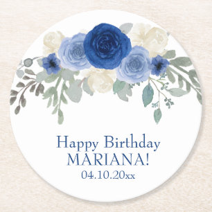 Dessous De Verre Rond Fête d'anniversaire élégante florale bleu marine