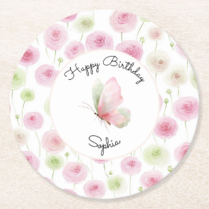 Dessous De Verre Rond Fête d'anniversaire florale au renoncule rose ment