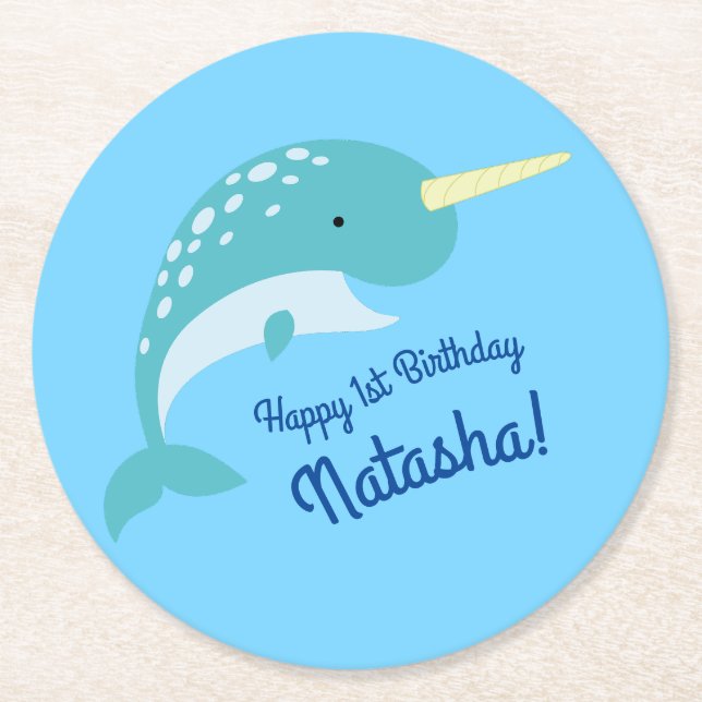 Dessous De Verre Rond Fête d'anniversaire Narwhal (Devant)