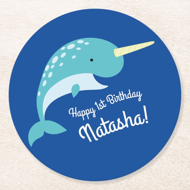 Dessous De Verre Rond Fête d'anniversaire Narwhal (Devant)