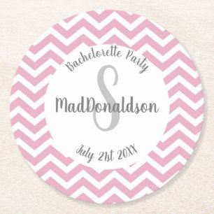 Dessous De Verre Rond Fête monogramme rose et blanc chevron
