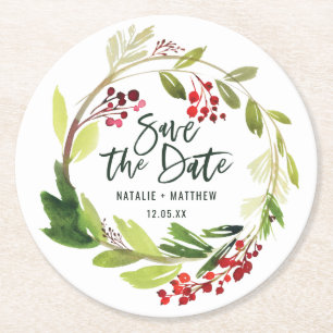 Dessous De Verre Rond Feuillage d'hiver enregistrer la date