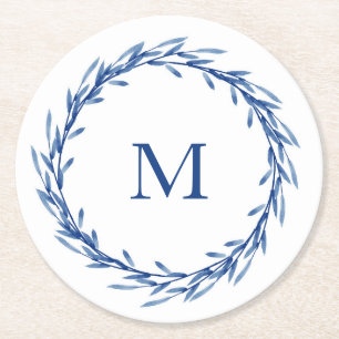 Dessous De Verre Rond Feuille d'aquarelle Indigo Wreath