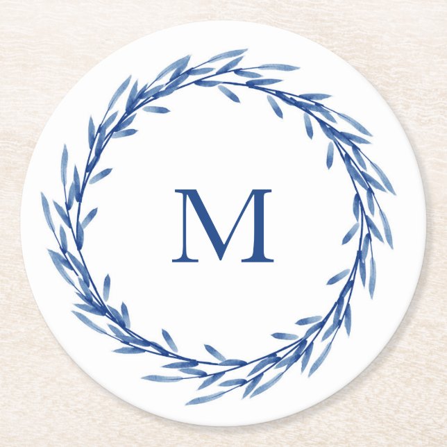 Dessous De Verre Rond Feuille d'aquarelle Indigo Wreath (Devant)