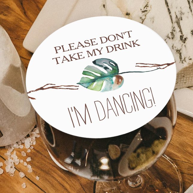 Dessous De Verre Rond Feuille de Monstera Brun Vert Tropical Rustique (rustic tropical monstera leaf green wedding "please don't take my drink i'm dancing" drink topper)