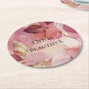 Dessous De Verre Rond Feuilles dorées Bourgogne rose blush 