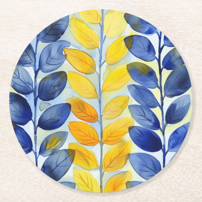 Dessous De Verre Rond Feuilles jaune et bleu (Devant)