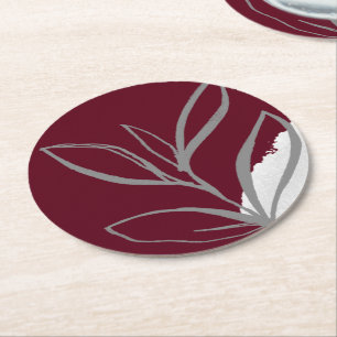 Dessous De Verre Rond Feuilles minimalistes aquarelles en bordeaux