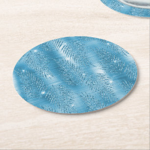 Dessous De Verre Rond Feuilles tropicales pailletées bleu aqua scintilla