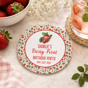 Dessous De Verre Rond Fille à la fraise Berry First pour 1er anniversair
