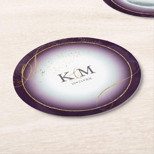 Dessous De Verre Rond Fine Lines Gold Abstrait Mariage V3 Plum ID867 (Incliné)