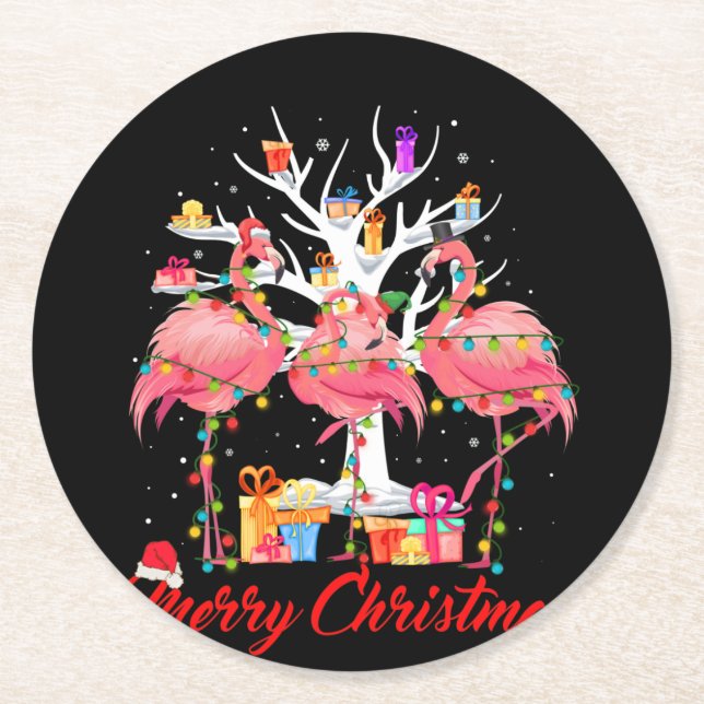 Dessous De Verre Rond Flamant rose Lumières Santa Hat Sweat Tree Noël (Devant)