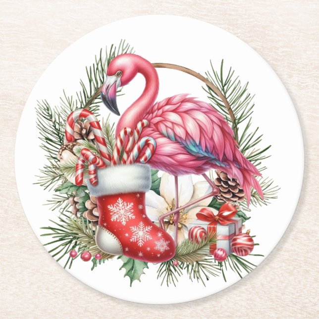 Dessous De Verre Rond Flamant rose Noël Thème (Devant)