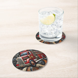 Dessous De Verre Rond Flames et Camion Leather Art